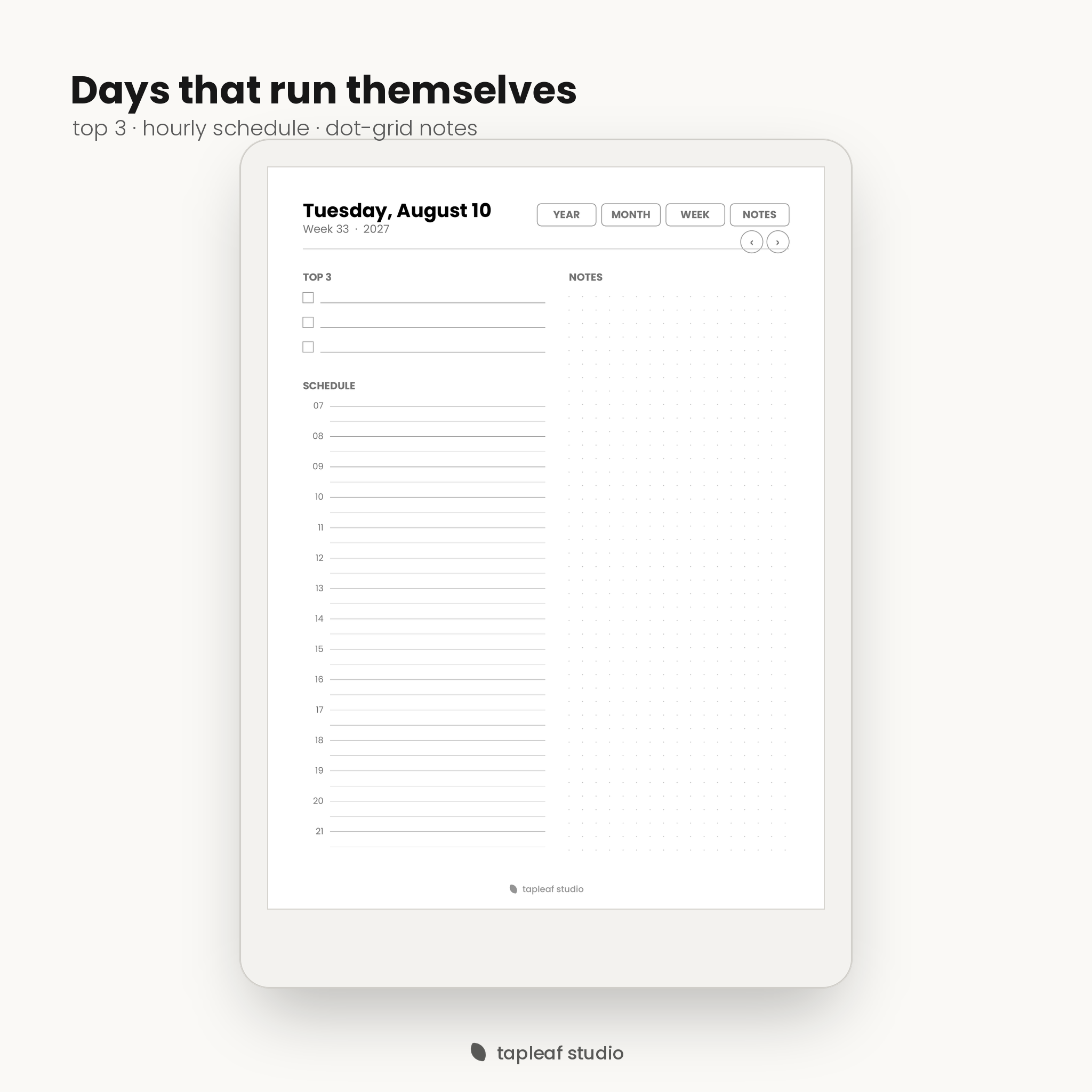 Daily page with Top 3, schedule, and dot-grid notes