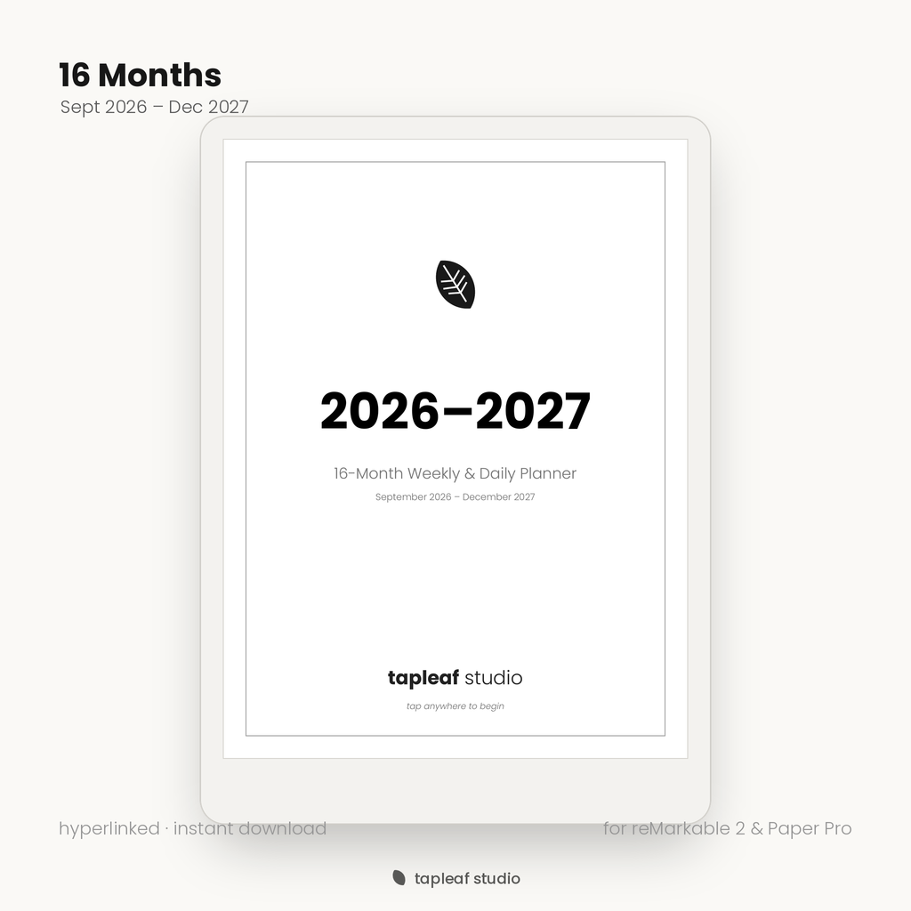 2026-2027 16-month Tapleaf planner on a reMarkable e-ink tablet