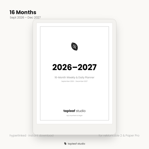 2026-2027 16-month Tapleaf planner on a reMarkable e-ink tablet