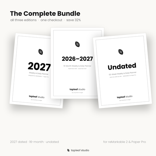 The Complete Tapleaf Bundle — all three planner editions for reMarkable, save 32%