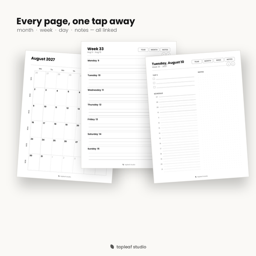 Month, week, and day pages — all hyperlinked
