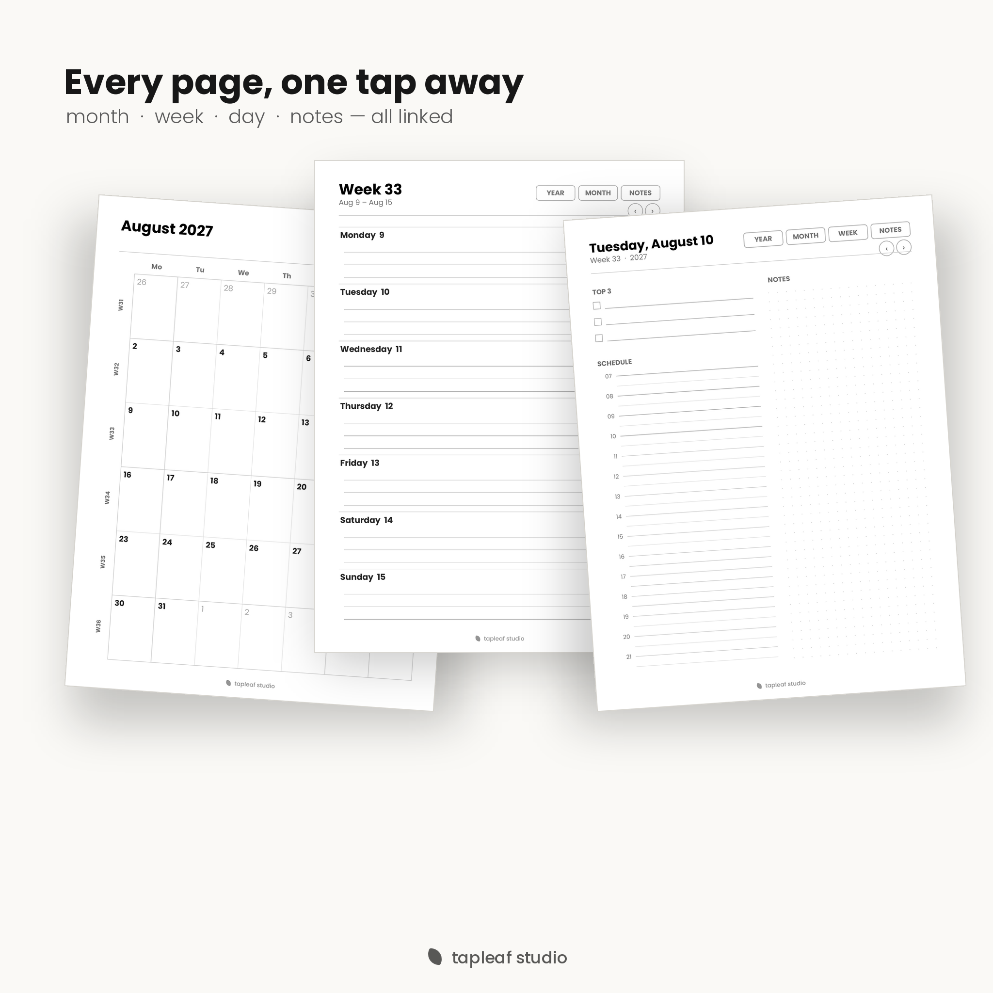 Month, week, and day pages — all hyperlinked